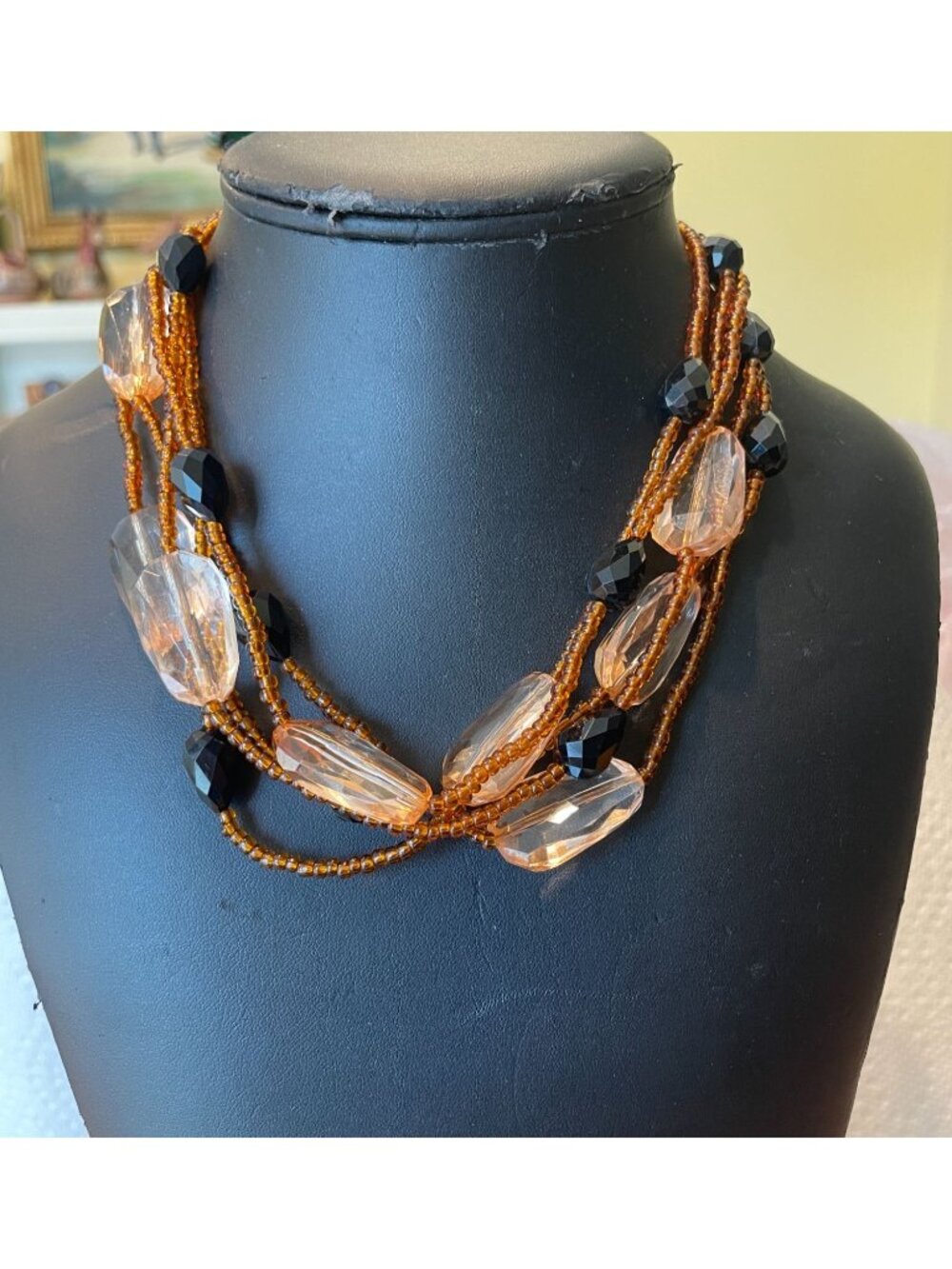 Vintage Premier Designs Amber Seed Bead Lucite Multi Strand Necklace Signed 21"